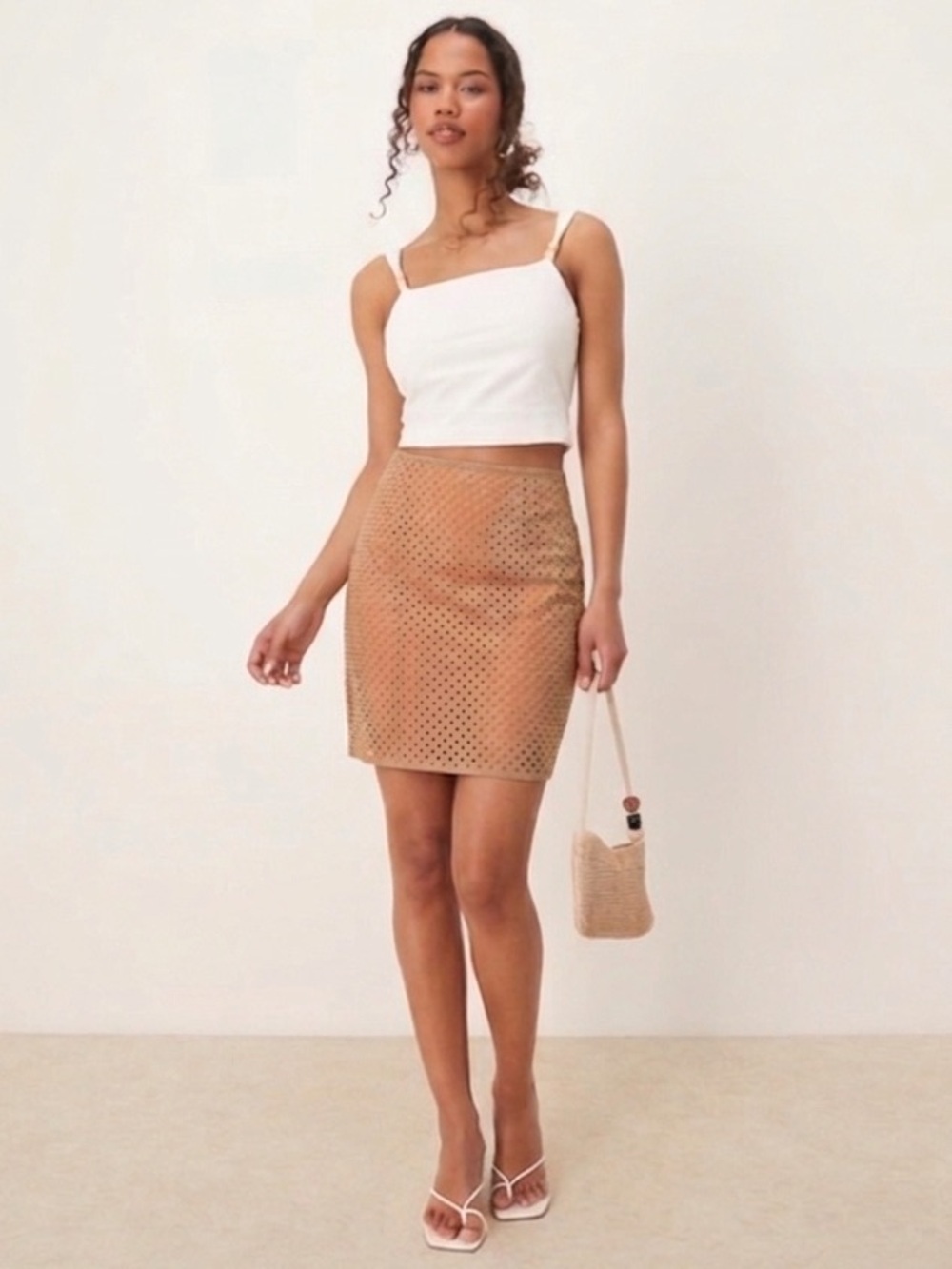 The Limited Cotton Midi Perforated Eyelet Skirt Tan Orange 2 Layers Pencil Aline